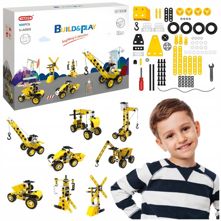 Metalowe Klocki Konstrukcyjne 8 Pojazdów Maszyny Budowlane Blaszki 100el