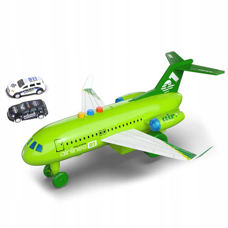 Interaktywny Zielony Samolot Efekty Świetlne i Dźwiękowe Dwa Samochody