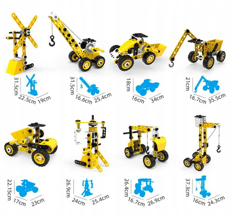 Metalowe Klocki Konstrukcyjne 8 Pojazdów Maszyny Budowlane Blaszki 100el