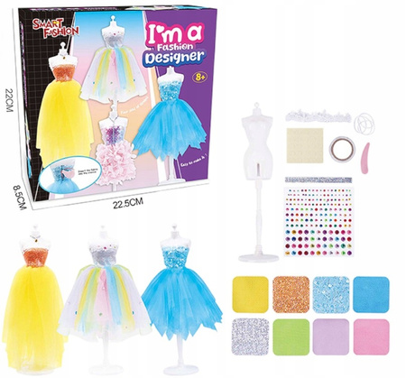 ZESTAW PROJEKTANTKA MODY STUDIO SZYCIA SUKIENEK MANEKIN UBRANKA AKCESORIA