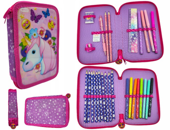 Piórnik Dwukomorowy Szkolny Emoji Jednorożec Z Wyposażeniem Dla Ucznia Róż