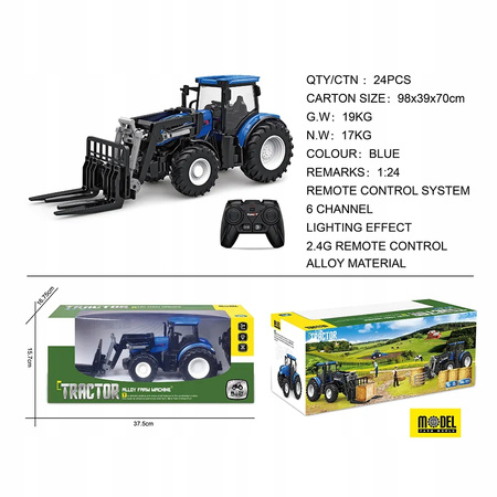 Zdalnie Sterowany Duży Niebieski Traktor z Widłami Zabawka Mały Rolnik