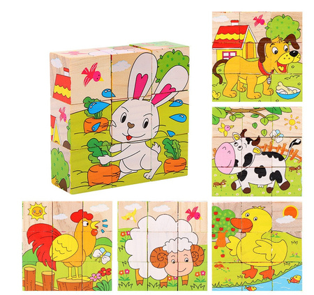 Drewniane Puzzle Klocki Edukacyjne 6w1 Układanka Farma Zabawa Dla Dzieci