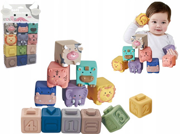 Miękkie Klocki Sensoryczne Edukacyjne Gryzaki Zwierzątka 12szt Sześciany
