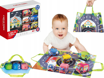 Zestaw Miękkich Samochodzików z Matą Sensoryczną 6szt Edukacyjna Kolorowe