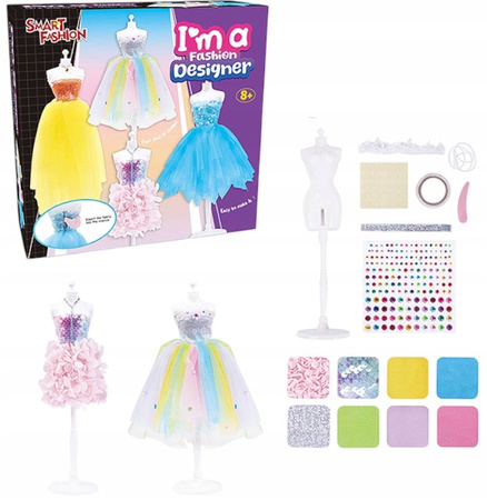 ZESTAW PROJEKTANTKA MODY STUDIO SZYCIA SUKIENEK MANEKIN UBRANKA AKCESORIA