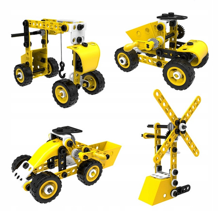 Metalowe Klocki Konstrukcyjne 8 Pojazdów Maszyny Budowlane Blaszki 100el
