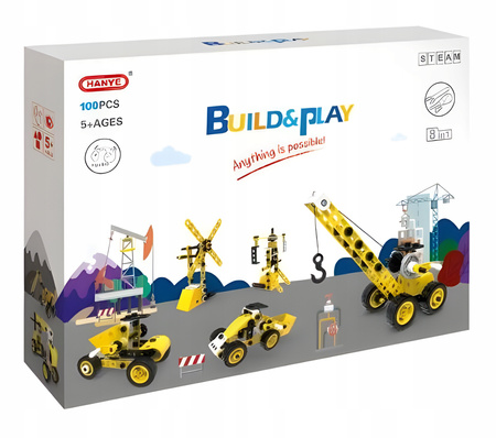 Metalowe Klocki Konstrukcyjne 8 Pojazdów Maszyny Budowlane Blaszki 100el