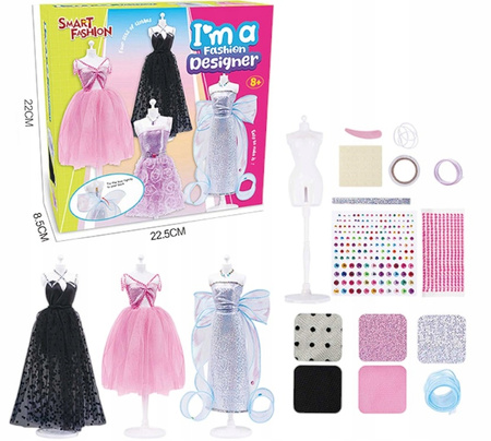 ZESTAW DO PROJEKTOWANIA SZYCIA SUKIENEK MODA MANEKIN UBRANKA AKCESORIA