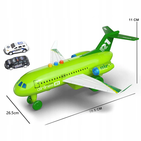 Interaktywny Zielony Samolot Efekty Świetlne i Dźwiękowe Dwa Samochody