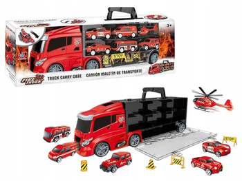 Pojazd Czerwona Ciężarówka Walizka z Samochodami Tir Helikopter Barierki