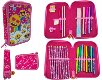 Piórnik Dwukomorowy Szkolny Emoji Z Wyposażeniem Dla Ucznia Różowy Tęcza