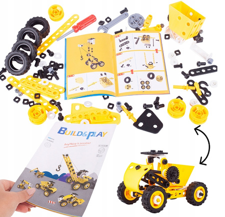 Metalowe Klocki Konstrukcyjne 8 Pojazdów Maszyny Budowlane Blaszki 100el