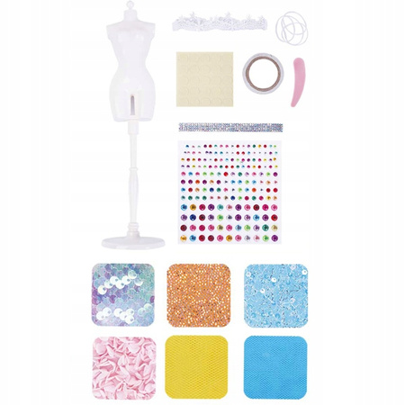 ZESTAW PROJEKTANTKA MODY STUDIO SZYCIA SUKIENEK MANEKIN UBRANKA AKCESORIA