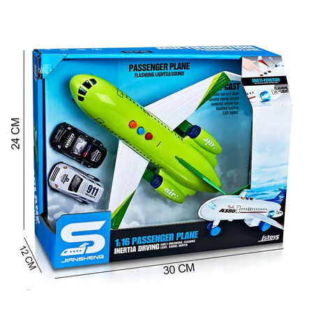 Interaktywny Zielony Samolot Efekty Świetlne i Dźwiękowe Dwa Samochody