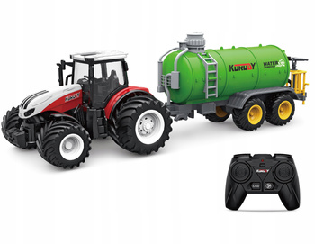 Zdalnie Sterowany Czerwony Traktor z Przyczepą Cysterna Dla Małych Rolników