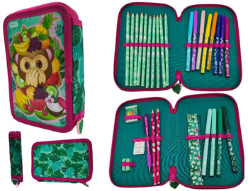 Piórnik Dwukomorowy Szkolny Emoji Małpa Z Wyposażeniem Dla Ucznia Róż Ziel
