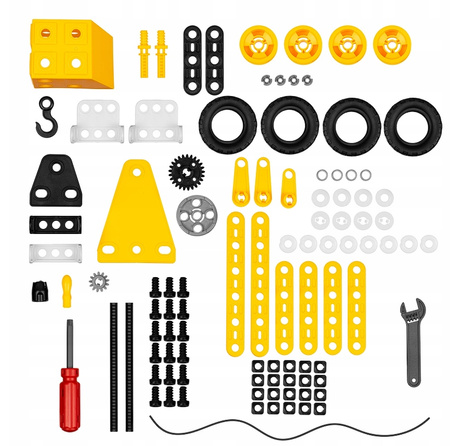 Metalowe Klocki Konstrukcyjne 8 Pojazdów Maszyny Budowlane Blaszki 100el