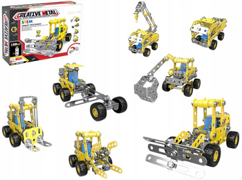 Metalowe Klocki Konstrukcyjne 7 Pojazdów Maszyny Budowlane Blaszki 180el